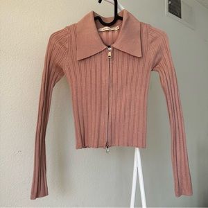 Knit Collared Ribbed Sweater Zip Crop Cardigan